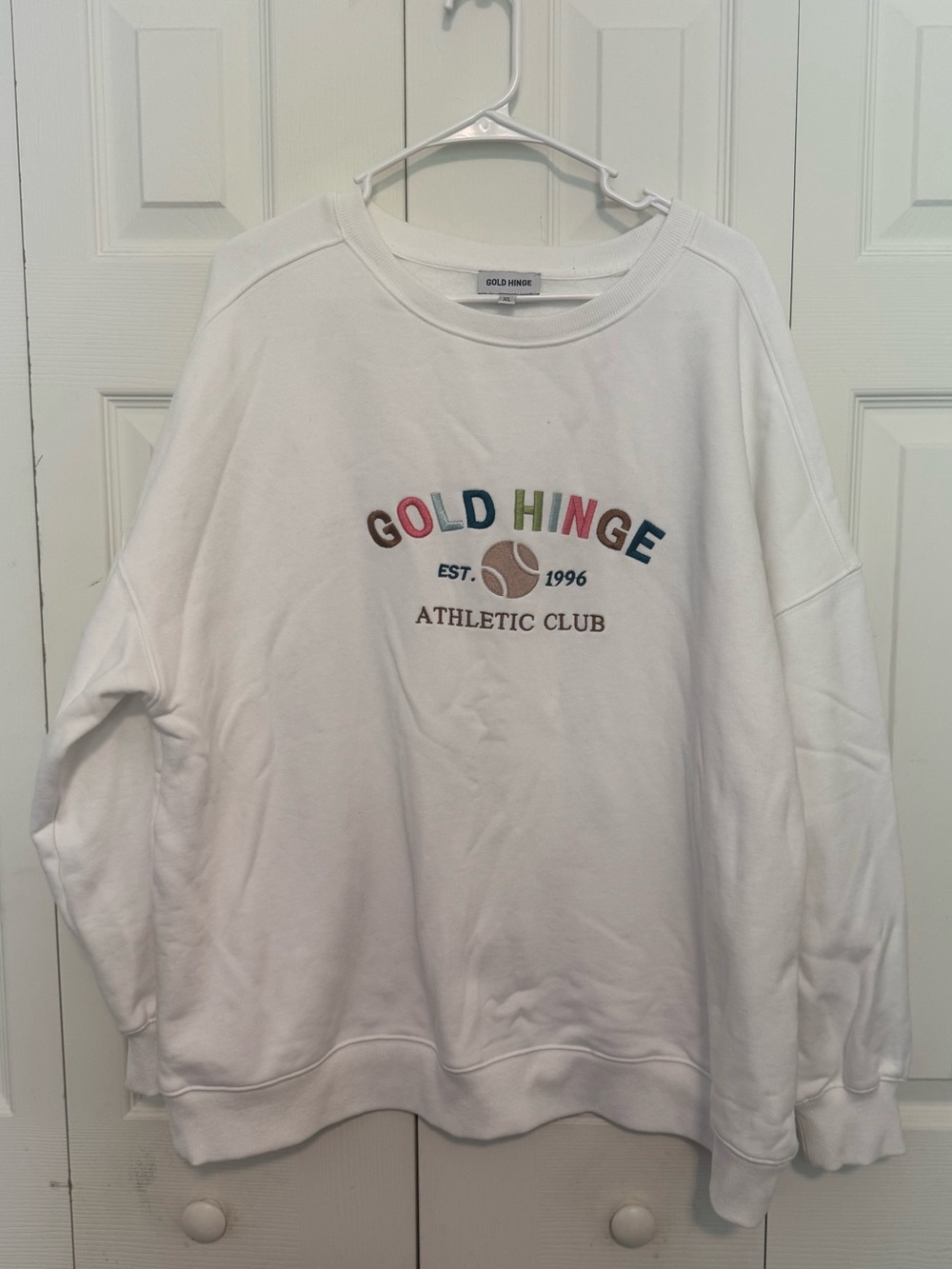 Gold Hinge White 'Athletic Club' Crewneck Sweatshirt, size XL,